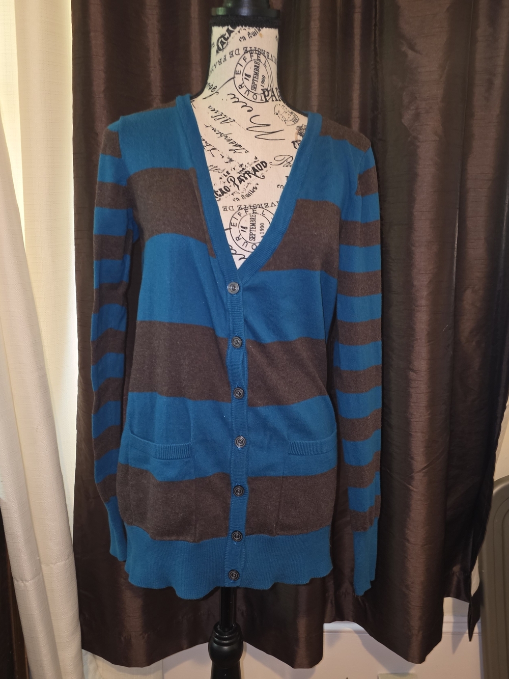 Decree Y2K Blue and Brown Striped Boyfriend Cardigan XL